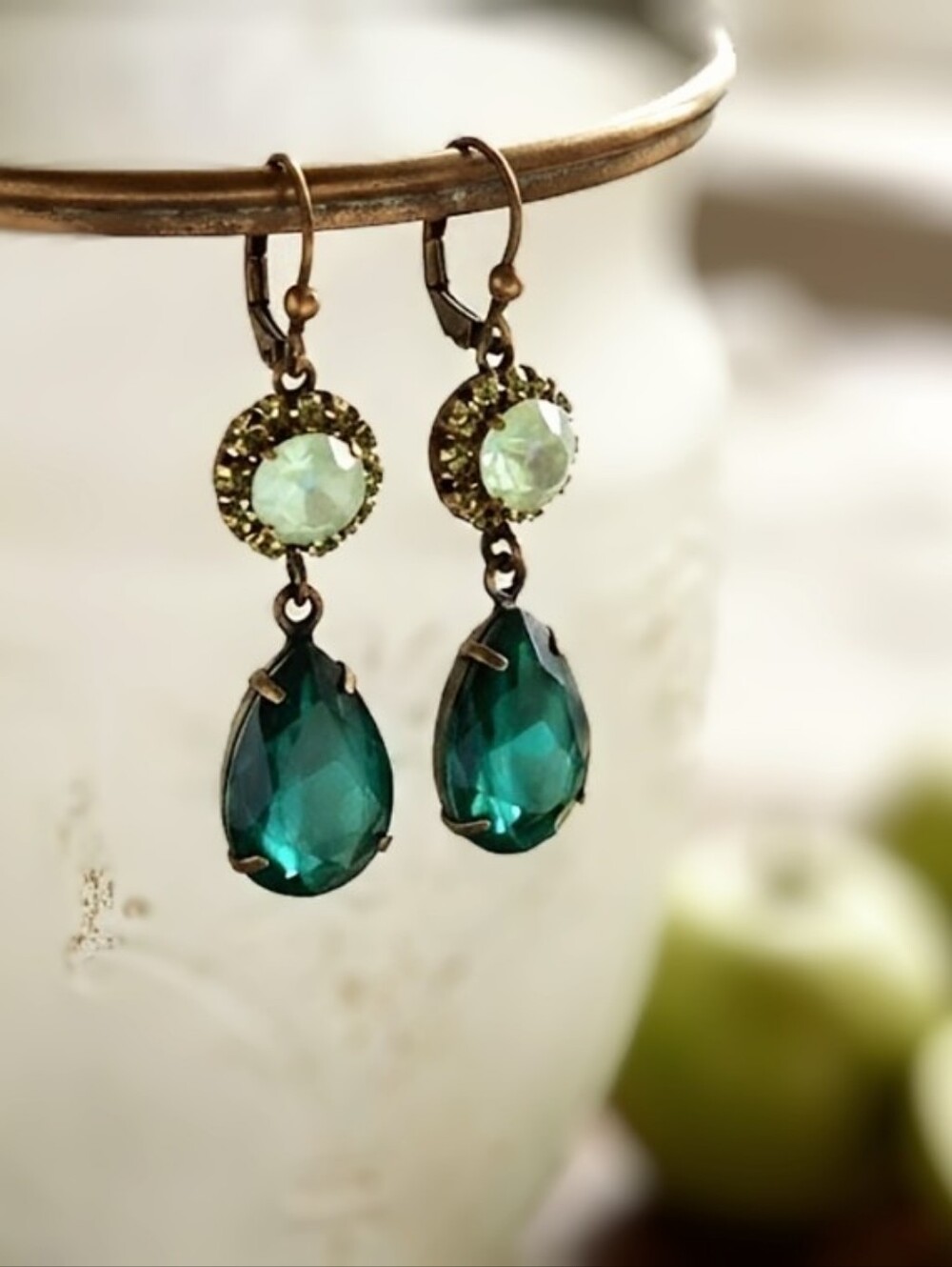 Bright Fern Green Flower Swarovski Crystals In Antique Bronze Drop Earrings